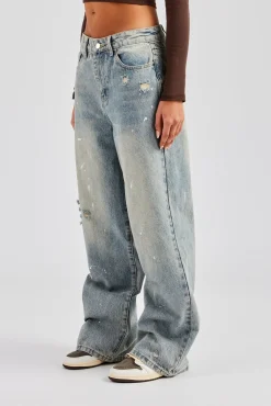 Women CLO-BOT-DEN Distressed Paint Splatter Baggy Jean - Antique Wash
