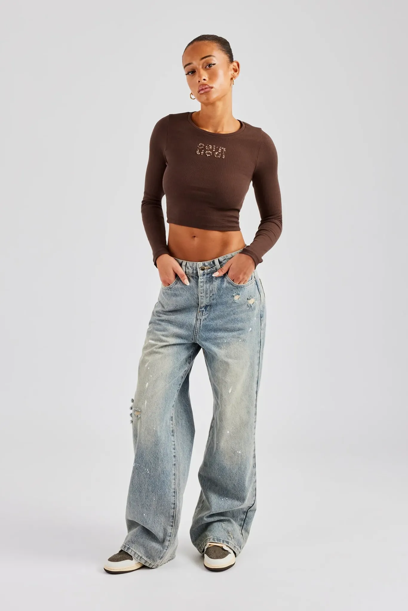 Women CLO-BOT-DEN Distressed Paint Splatter Baggy Jean - Antique Wash