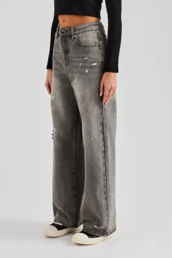 Women CLO-BOT-DEN Distressed Paint Splatter Baggy Jean - Washed Grey