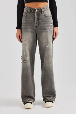Women CLO-BOT-DEN Distressed Paint Splatter Baggy Jean - Washed Grey