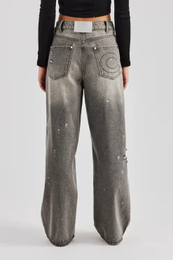 Women CLO-BOT-DEN Distressed Paint Splatter Baggy Jean - Washed Grey
