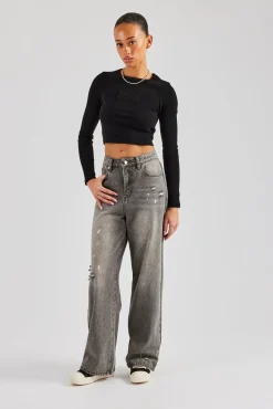 Women CLO-BOT-DEN Distressed Paint Splatter Baggy Jean - Washed Grey