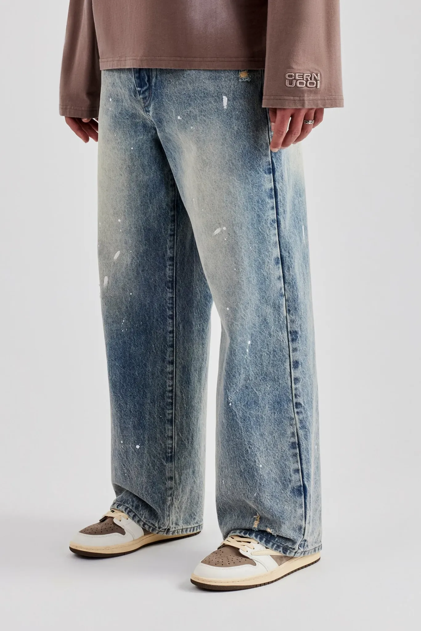 CLO-BOT-DEN Distressed Paint Splatter Baggy Denim Jean - Antique Wash