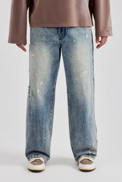 CLO-BOT-DEN Distressed Paint Splatter Baggy Denim Jean - Antique Wash