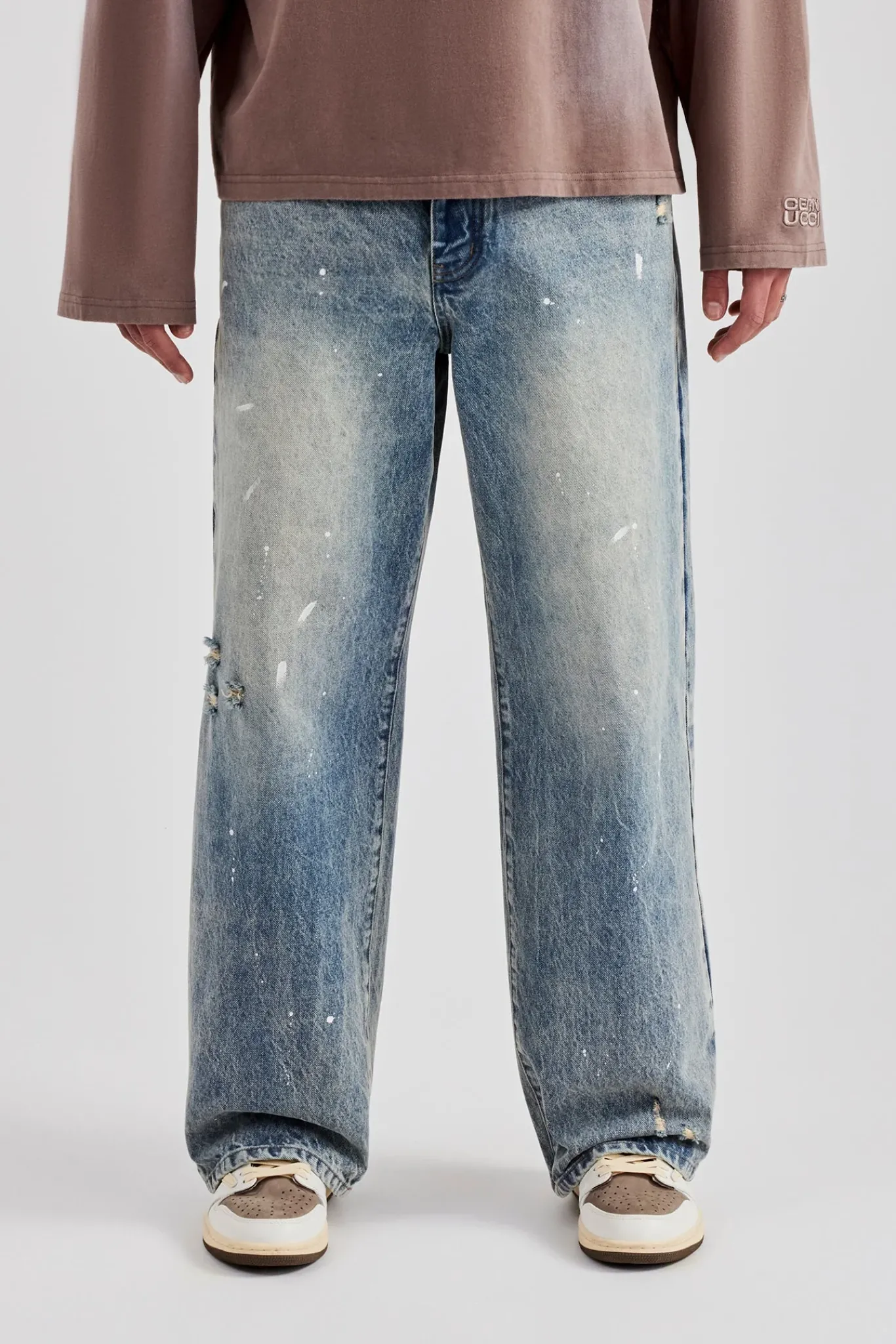 CLO-BOT-DEN Distressed Paint Splatter Baggy Denim Jean - Antique Wash