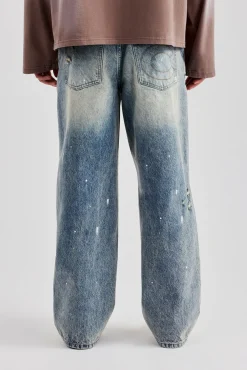 CLO-BOT-DEN Distressed Paint Splatter Baggy Denim Jean - Antique Wash