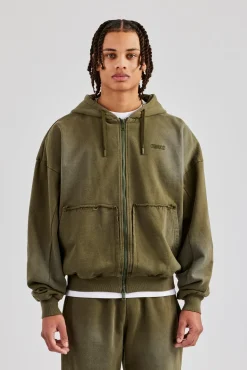 CLO-TOP-HS-HOOD Distressed Zip Through Hoodie - Washed Green