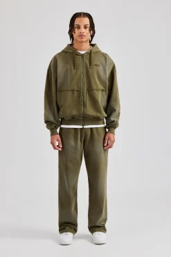 CLO-TOP-HS-HOOD Distressed Zip Through Hoodie - Washed Green