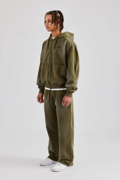 CLO-TOP-HS-HOOD Distressed Zip Through Hoodie - Washed Green