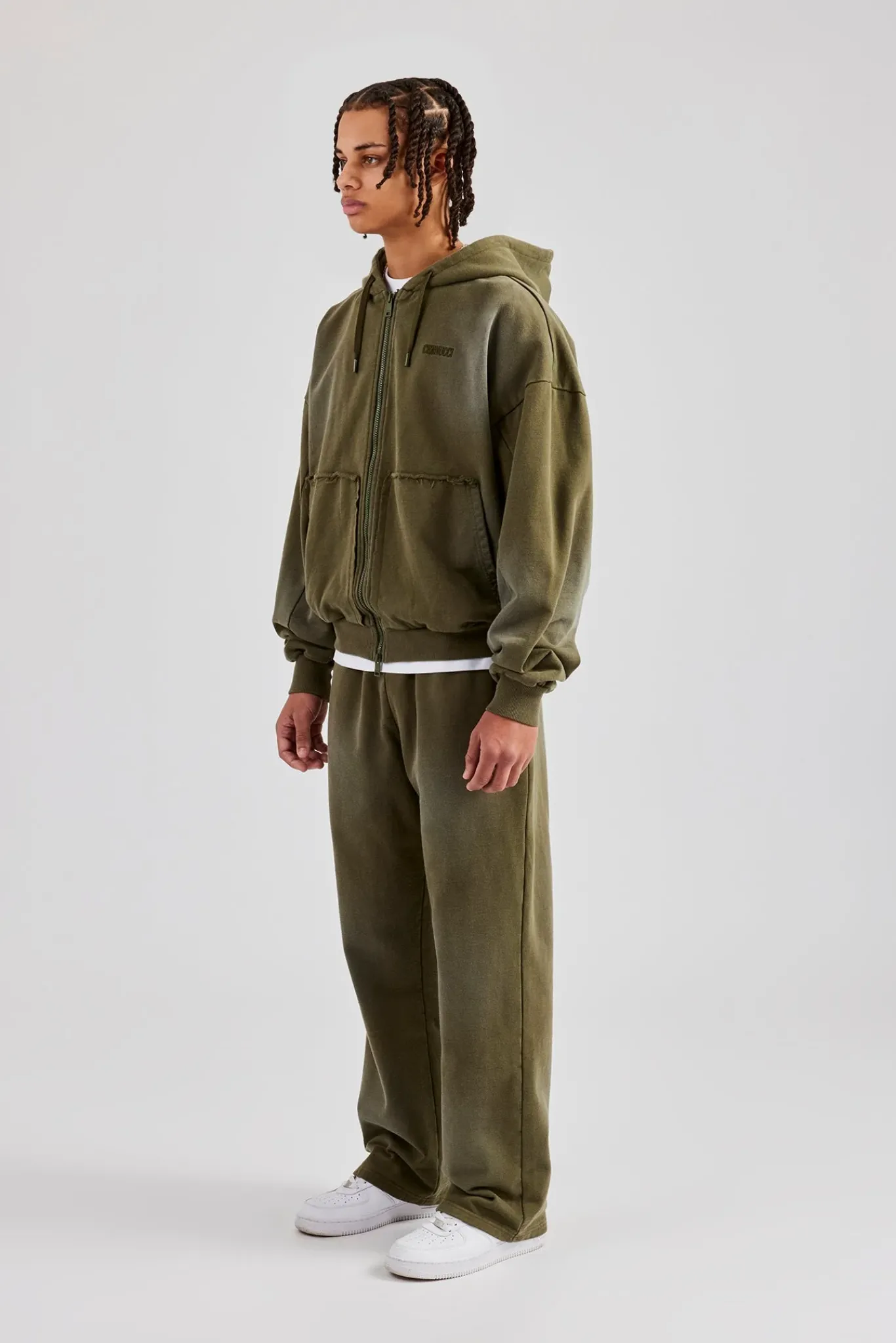 CLO-TOP-HS-HOOD Distressed Zip Through Hoodie - Washed Green