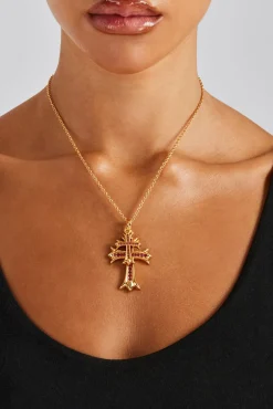 Women JWL-PEND Double Cross Pink Iced Necklace - Gold 40 mm