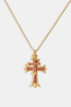 Women JWL-PEND Double Cross Pink Iced Necklace - Gold 40 mm