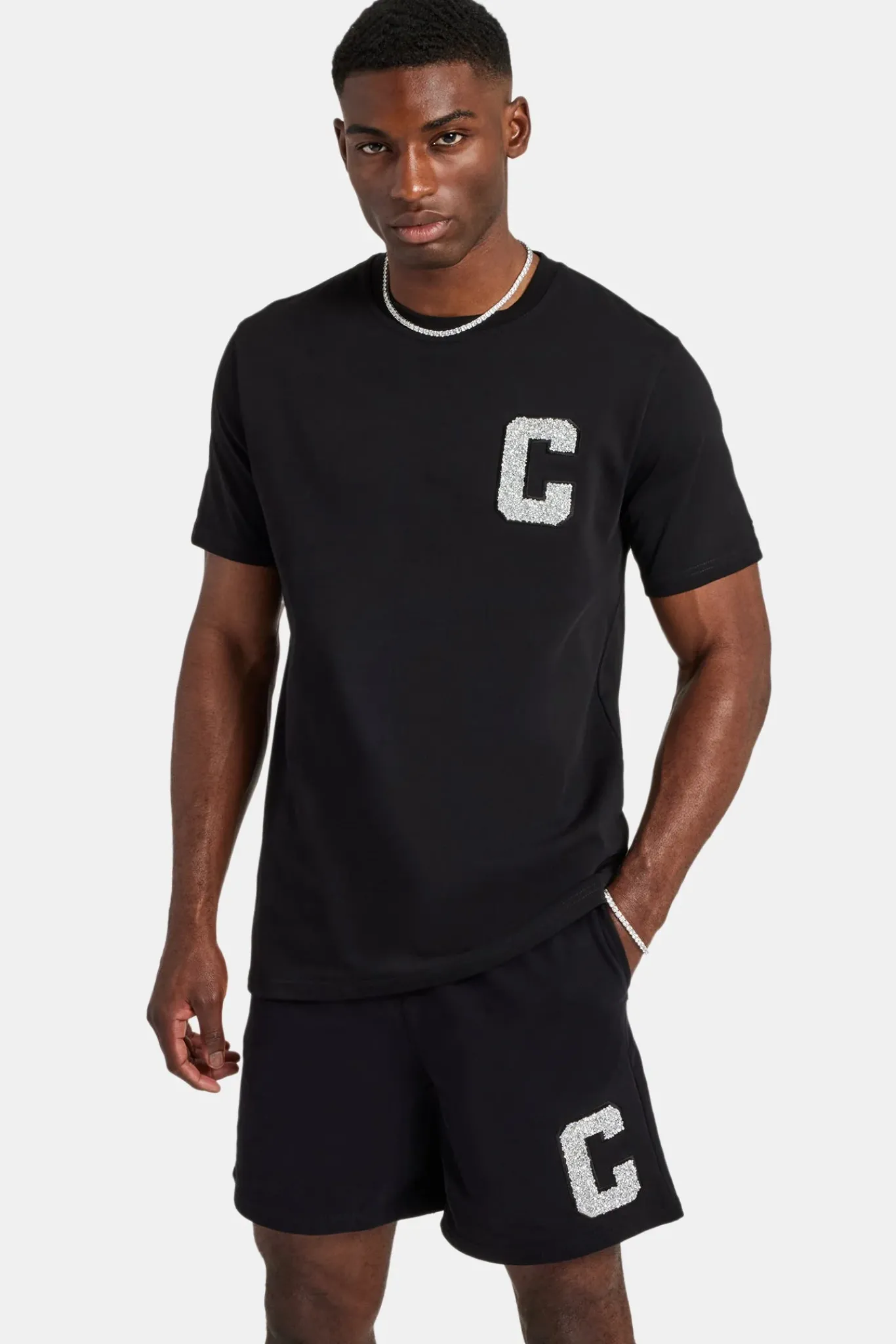 CLO-SET Embellished C T-Shirt & Short Set - Black