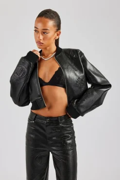 Women CLO-TOP-OUT Embossed Cross PU Bomber Jacket - Black