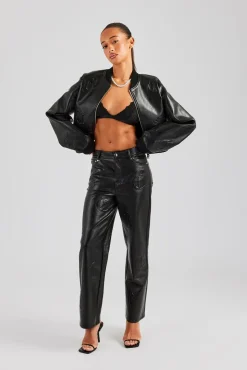 Women CLO-TOP-OUT Embossed Cross PU Bomber Jacket - Black