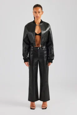 Women CLO-SET-DEN Embossed Cross PU Bomber & Straight Leg Trouser Set - Black