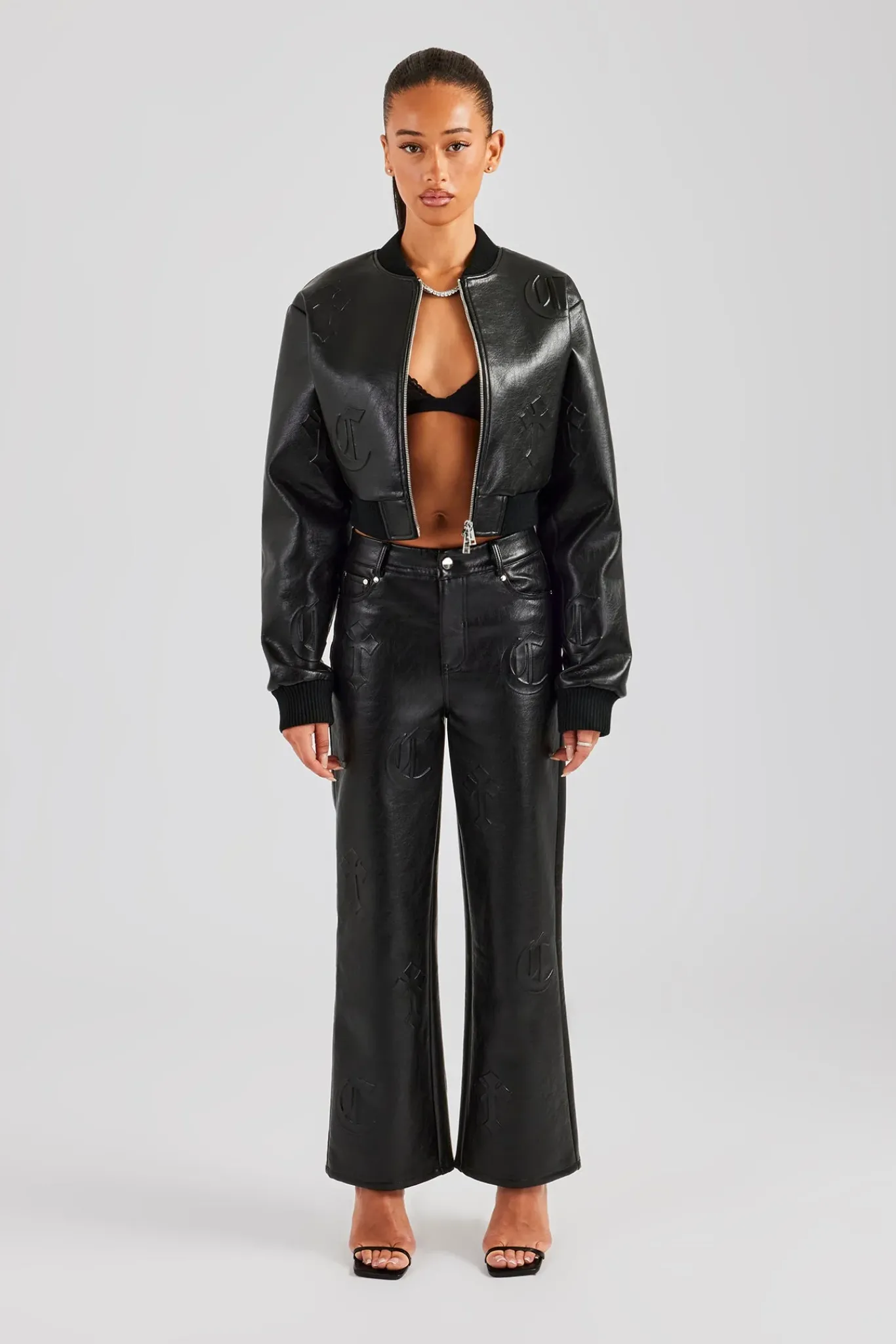 Women CLO-SET-DEN Embossed Cross PU Bomber & Straight Leg Trouser Set - Black