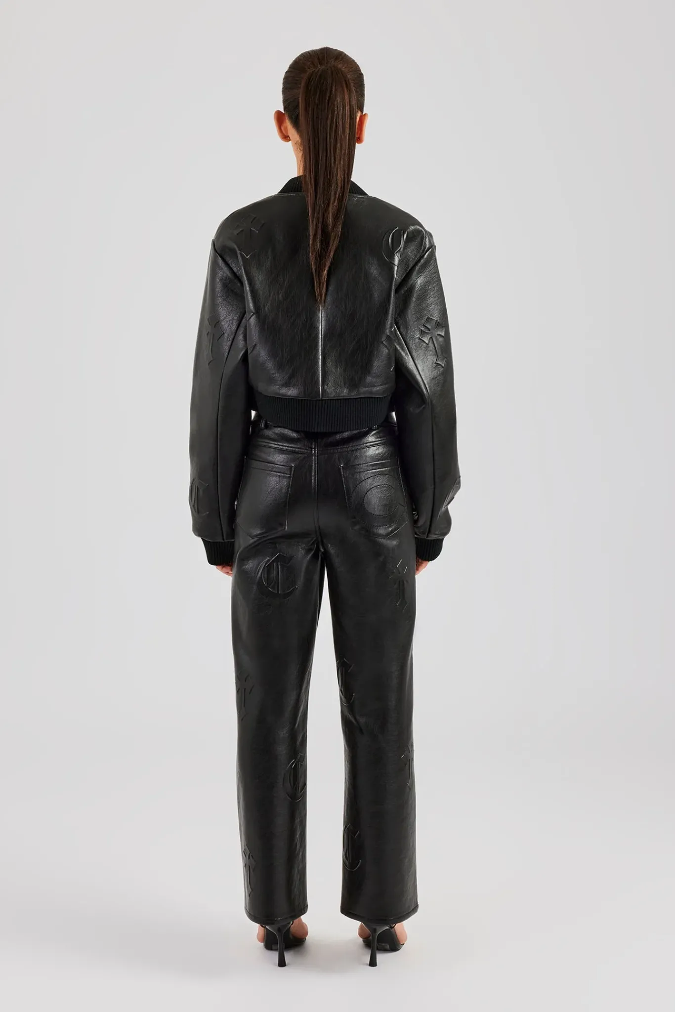 Women CLO-SET-DEN Embossed Cross PU Bomber & Straight Leg Trouser Set - Black