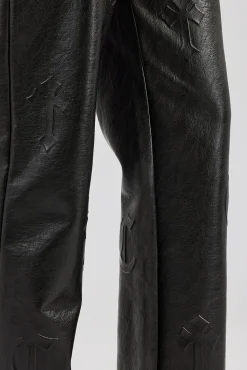 Women CLO-SET-DEN Embossed Cross PU Bomber & Straight Leg Trouser Set - Black
