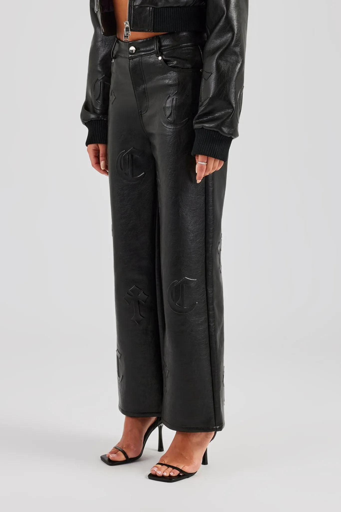 Women CLO-BOT-TRO Embossed Cross Straight Leg PU Trouser - Black