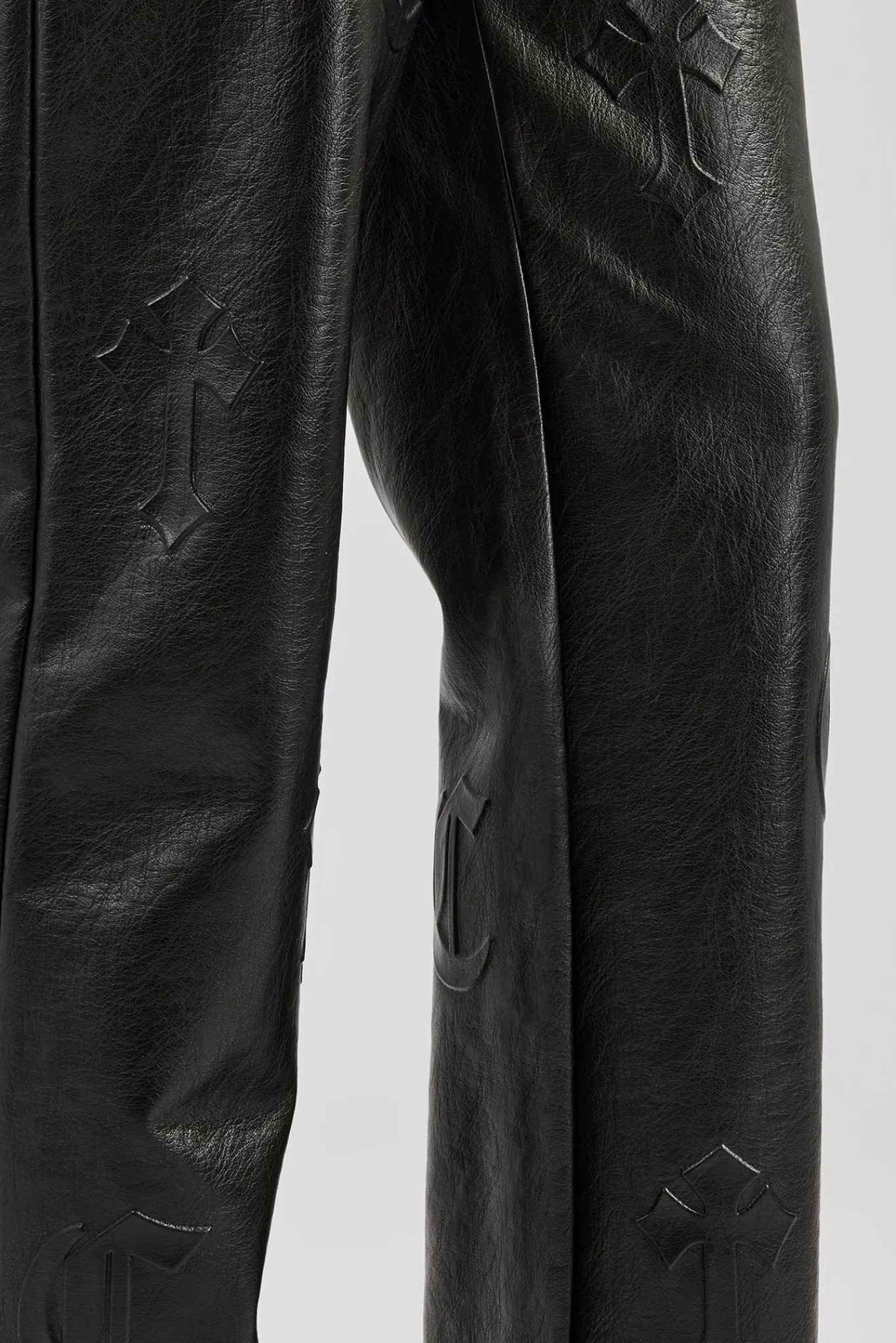 Women CLO-BOT-TRO Embossed Cross Straight Leg PU Trouser - Black