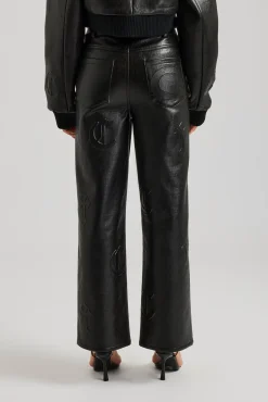 Women CLO-BOT-TRO Embossed Cross Straight Leg PU Trouser - Black