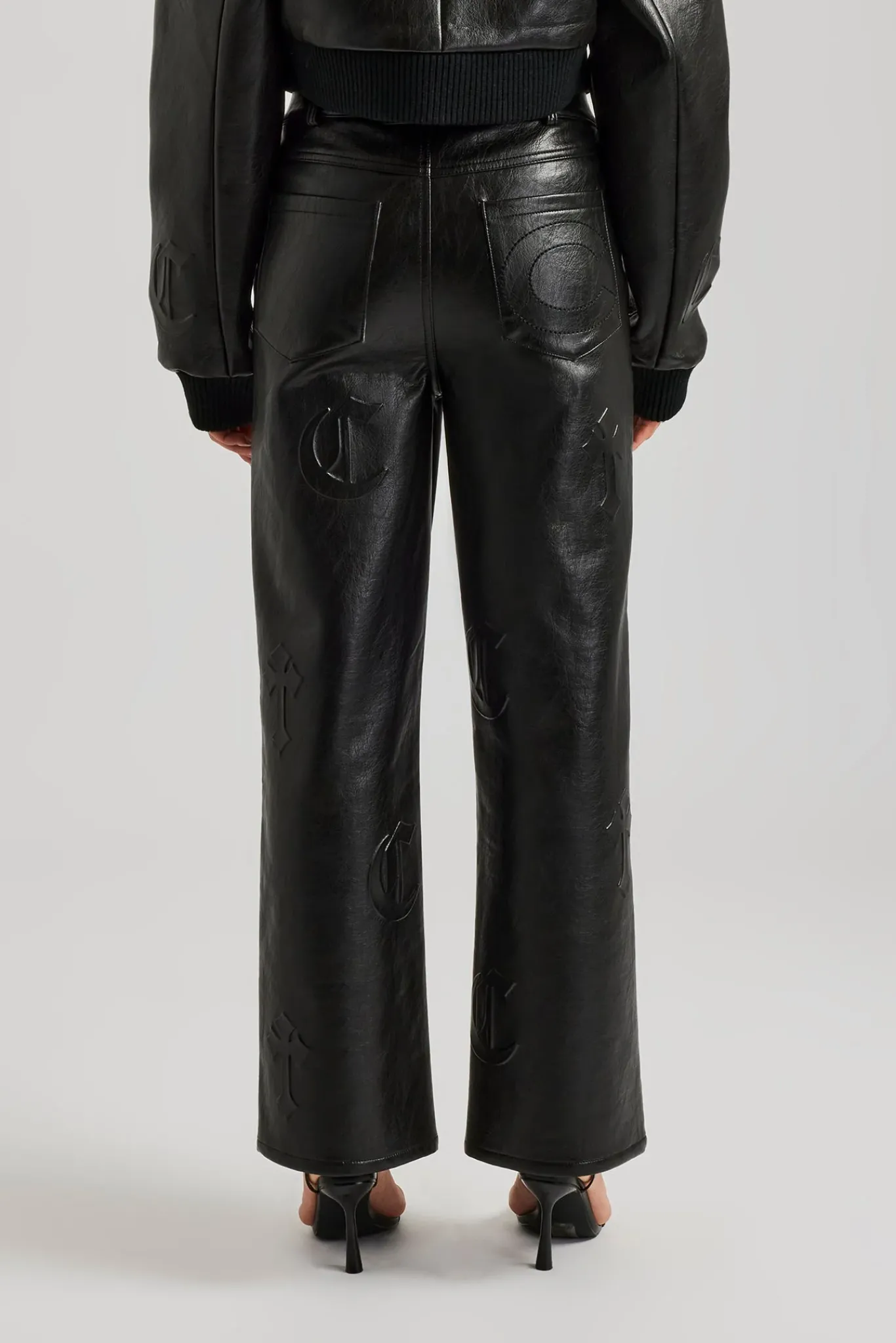 Women CLO-BOT-TRO Embossed Cross Straight Leg PU Trouser - Black