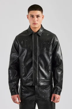 CLO-TOP-OUT Embossed Motif PU Harrington Jacket - Black