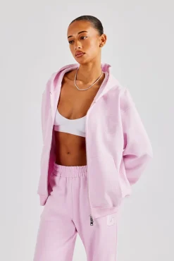 Women CLO-TOP-HS-HOOD Embroidered C Zip Through Hoodie - Pink