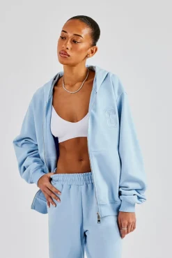 Women CLO-TOP-HS-HOOD Embroidered C Zip Through Hoodie - Baby Blue
