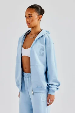 Women CLO-TOP-HS-HOOD Embroidered C Zip Through Hoodie - Baby Blue