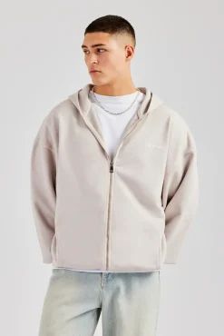 CLO-TOP-HS-HOOD Embroidered Zip Through Hoodie - Washed Stone