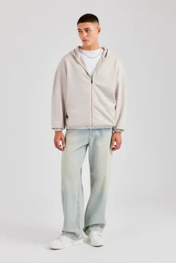 CLO-TOP-HS-HOOD Embroidered Zip Through Hoodie - Washed Stone