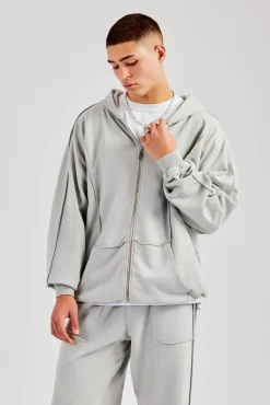 CLO-TOP-HS-HOOD Exposed Seam Zip Through Hoodie - Ash Grey