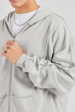 CLO-TOP-HS-HOOD Exposed Seam Zip Through Hoodie - Ash Grey
