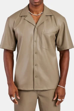 CLO-TOP-SHIR Faux Leather Shirt With Pocket - Taupe