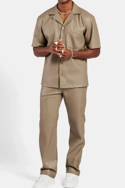 CLO-TOP-SHIR Faux Leather Shirt With Pocket - Taupe