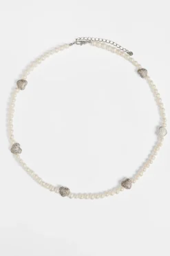 Women JWL-CHN-PRL Freshwater Pearl and Iced Heart Necklace