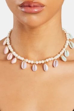 Women JWL-NECK-PRL Freshwater Pearl Pastel Cowrie Shell Necklace - Gold