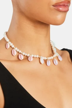 Women JWL-NECK-PRL Freshwater Pearl Pastel Cowrie Shell Necklace - Gold