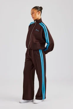 Women CLO-SET Funnel Neck Blue Taping Zip Through Tracksuit - Chocolate