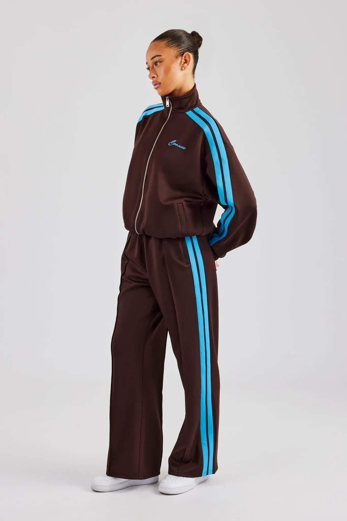 Women CLO-SET Funnel Neck Blue Taping Zip Through Tracksuit - Chocolate