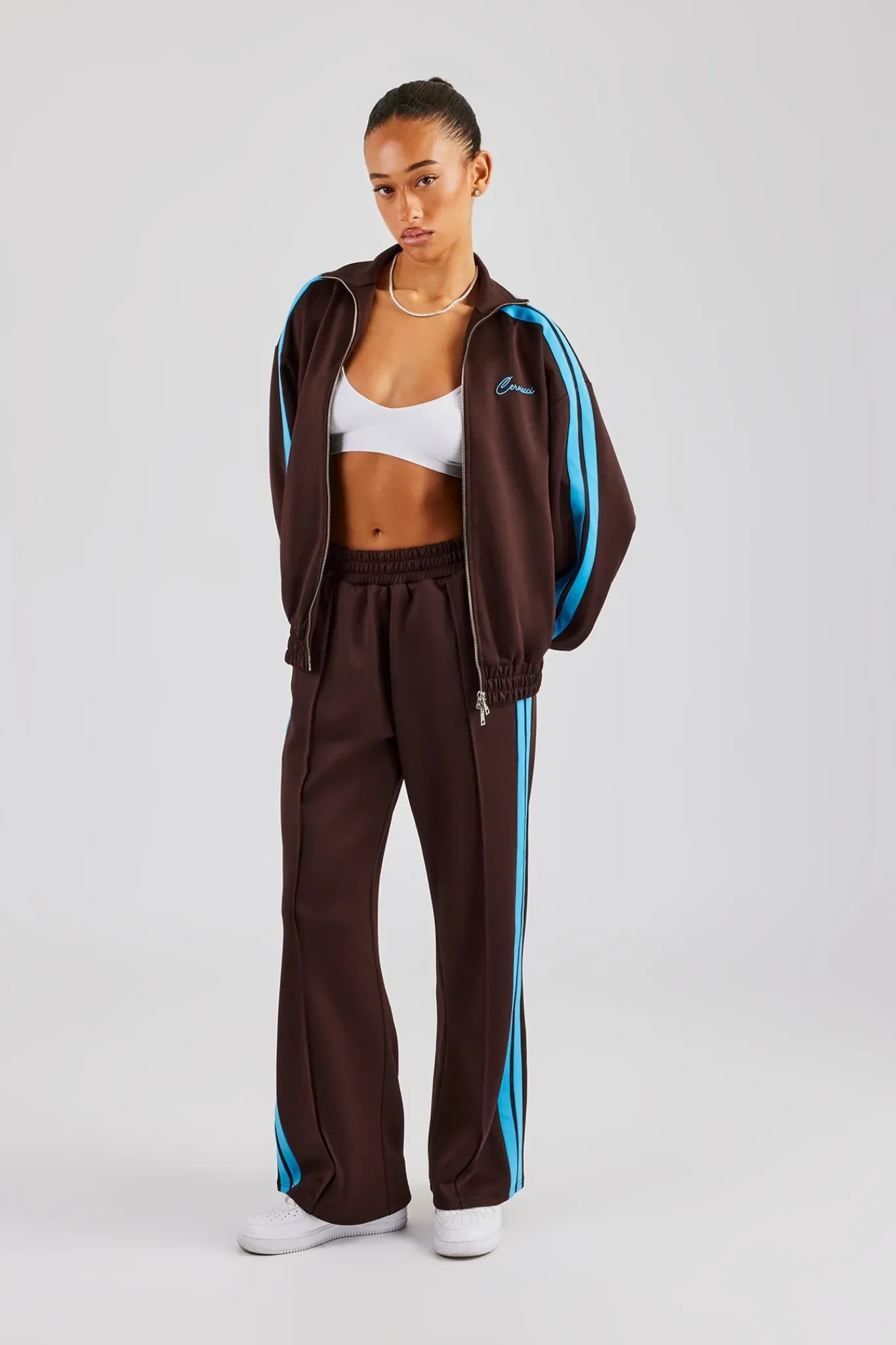 Women CLO-SET Funnel Neck Blue Taping Zip Through Tracksuit - Chocolate