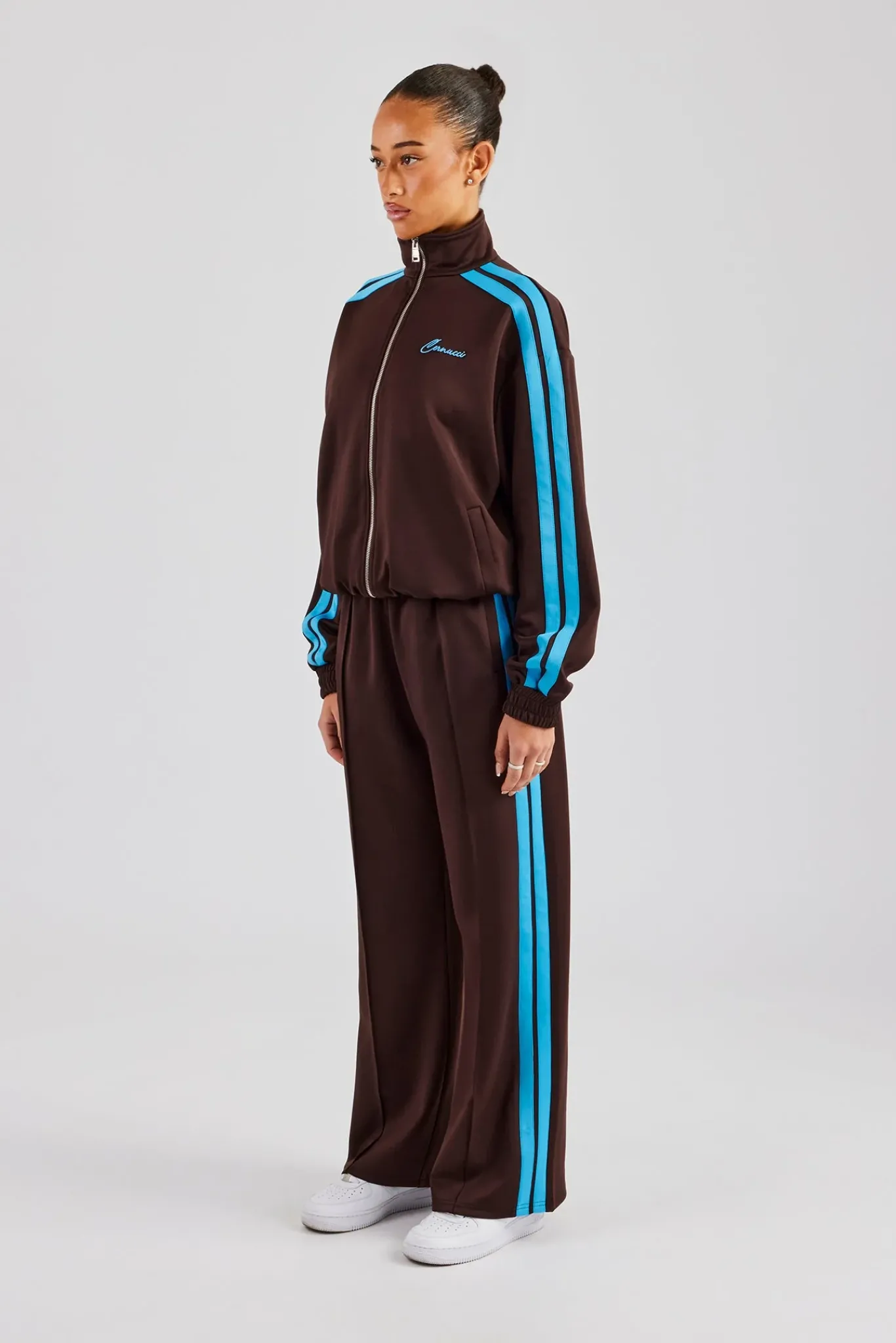 Women CLO-SET Funnel Neck Blue Taping Zip Through Tracksuit - Chocolate