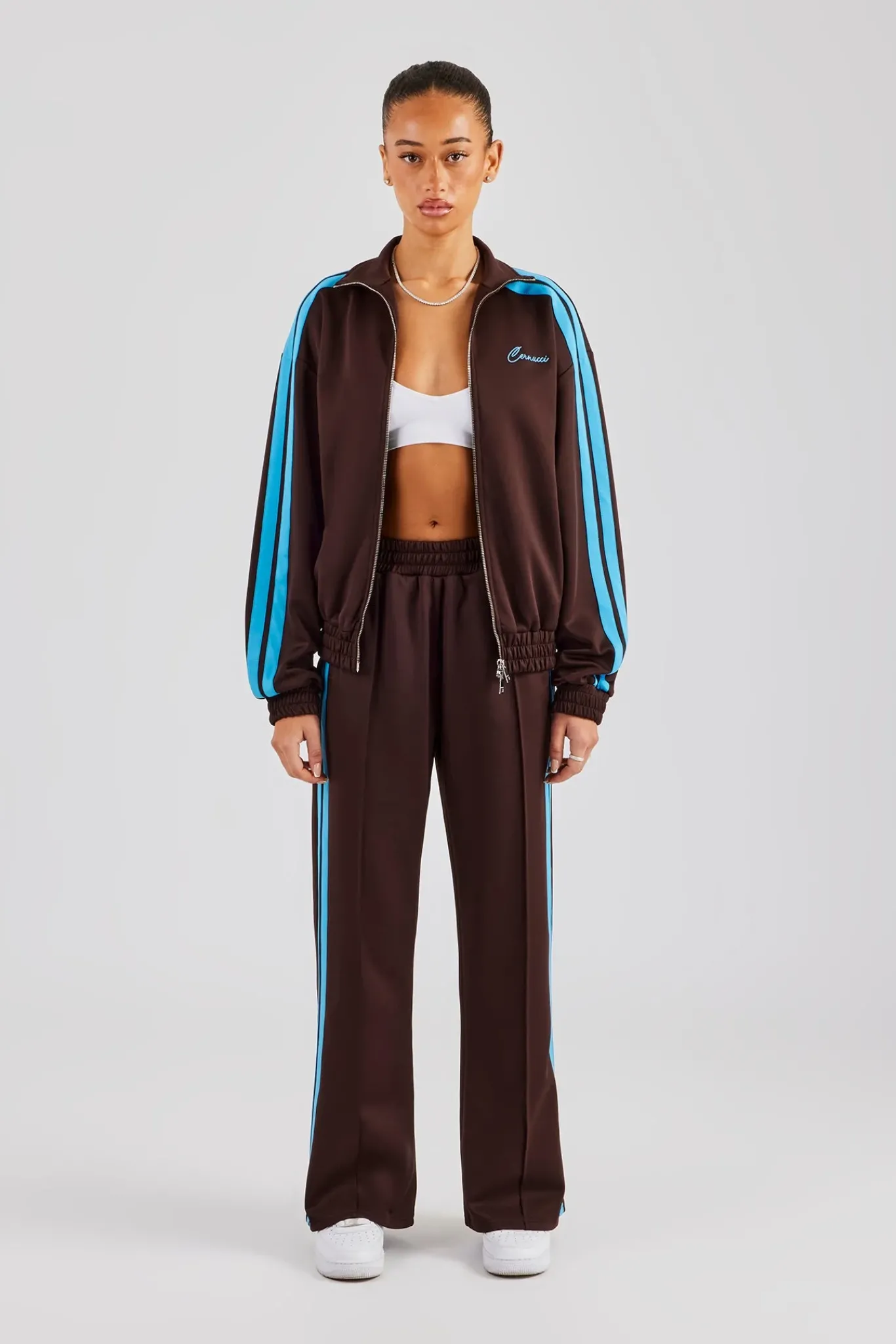Women CLO-SET Funnel Neck Blue Taping Zip Through Tracksuit - Chocolate