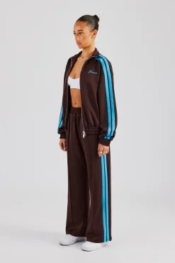 Women CLO-SET Funnel Neck Blue Taping Zip Through Tracksuit - Chocolate