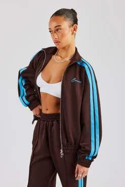 Women CLO-TOP-OUT Funnel Neck Blue Taping Zip Through Track Jacket - Chocolate