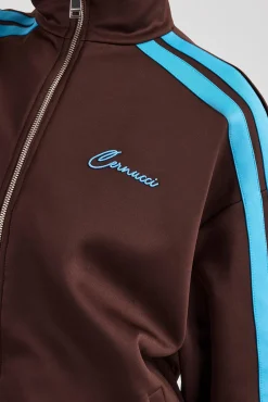 Women CLO-TOP-OUT Funnel Neck Blue Taping Zip Through Track Jacket - Chocolate