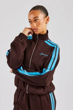 Women CLO-TOP-OUT Funnel Neck Blue Taping Zip Through Track Jacket - Chocolate