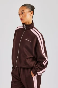 Women CLO-TOP-OUT Funnel Neck Pink Taping Zip Through Track Jacket - Chocolate